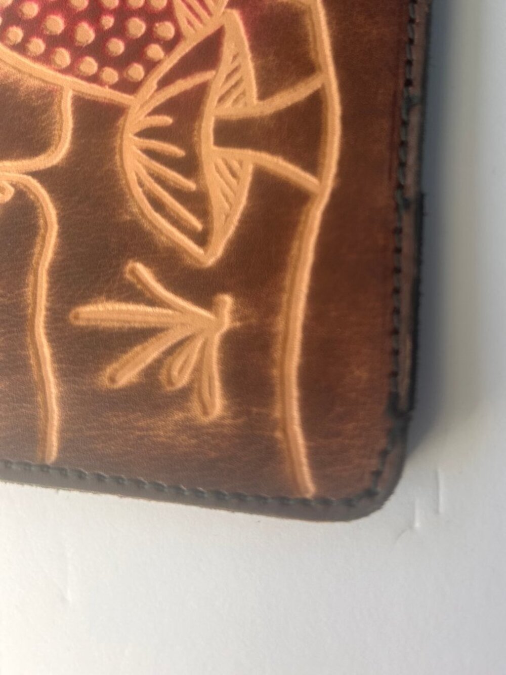 Artisan Brown Hand-Tooled Leather Checkbook Cover/Long Wallet Boho Mushroom - Picture 7 of 8